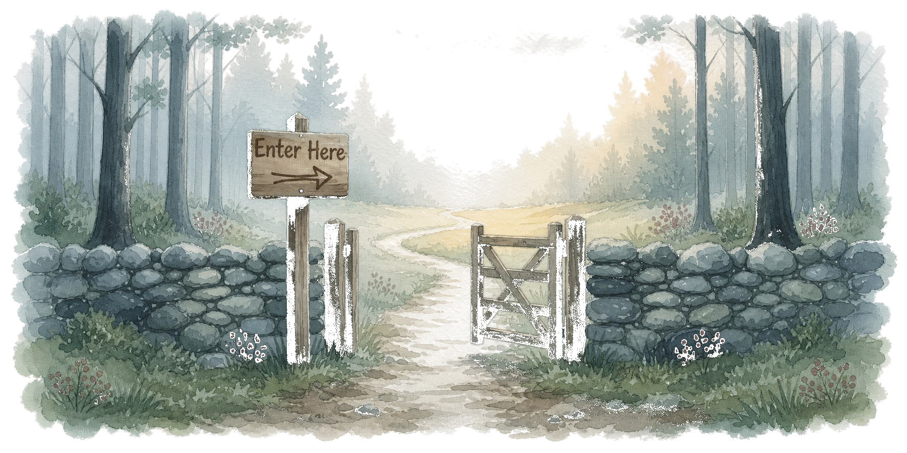 A watercolor forest path with a wooden gate and sign that reads Enter Here